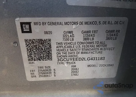 2020 Chevrolet Silverado 1500 4Wd Short Bed Rst z USA, uszkodzony, nr VIN 3GCUYEED2LG431183